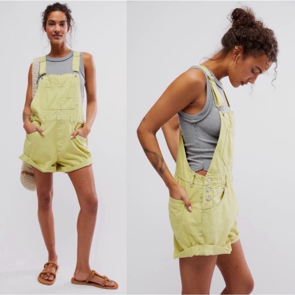 Free People Lime Green Women's Denim Short Overalls
